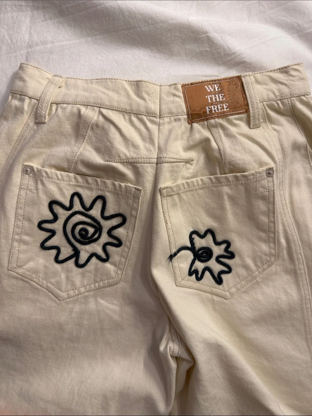 We The Free Cream Jeans with Black Floral Outline Embroidery - Picture 10 of 16
